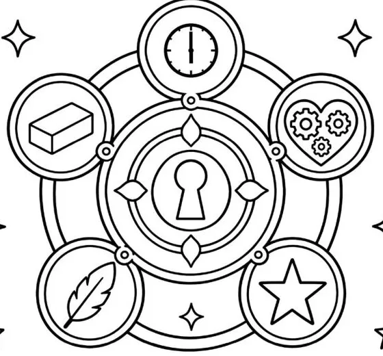 L'emblème du Grimoire d'activités : une horloge, une brique, un cœur à engrenages, une plume et une étoile